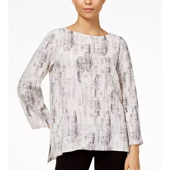 EILEEN FISHER Tencel Printed High-Low Top White Gray Purple Women’s Size Medium - Picture 1 of 8